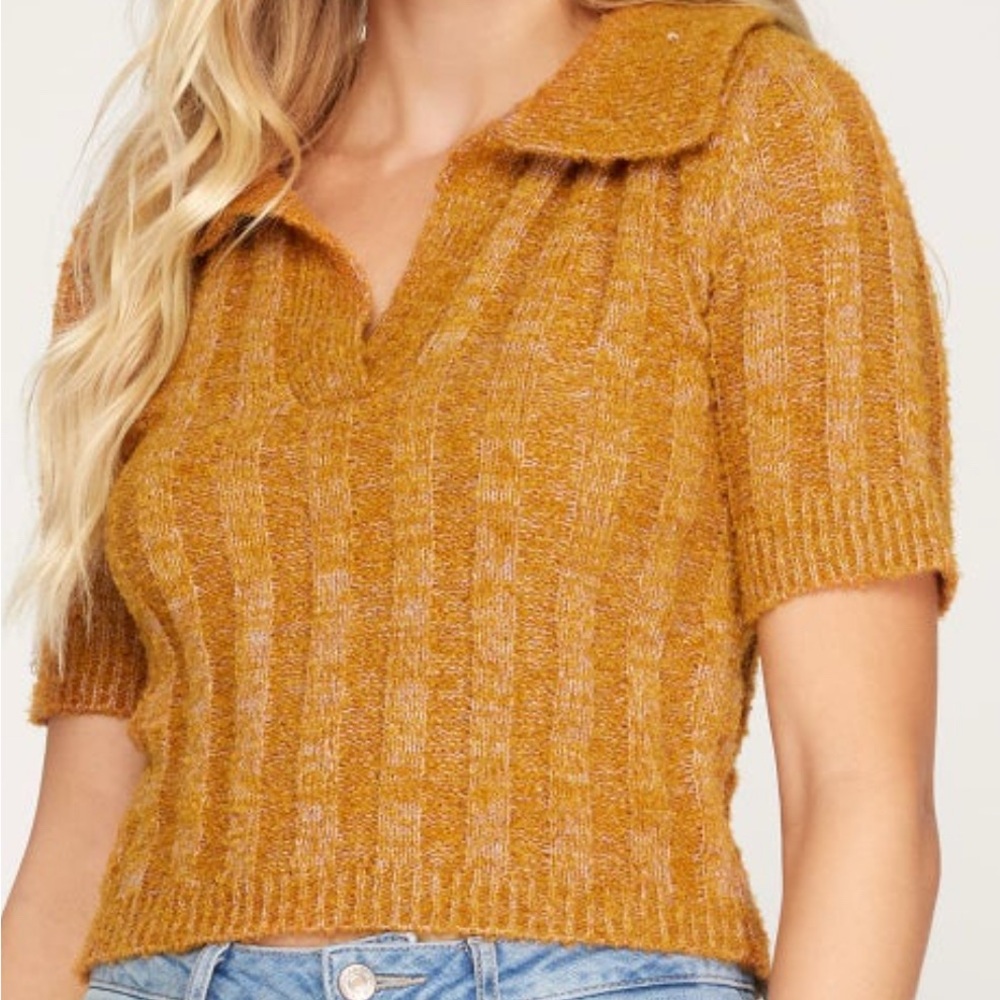 SHE + SKY SHORT SLEEVE COLLARED CROPPED KNIT SWEATER TOP